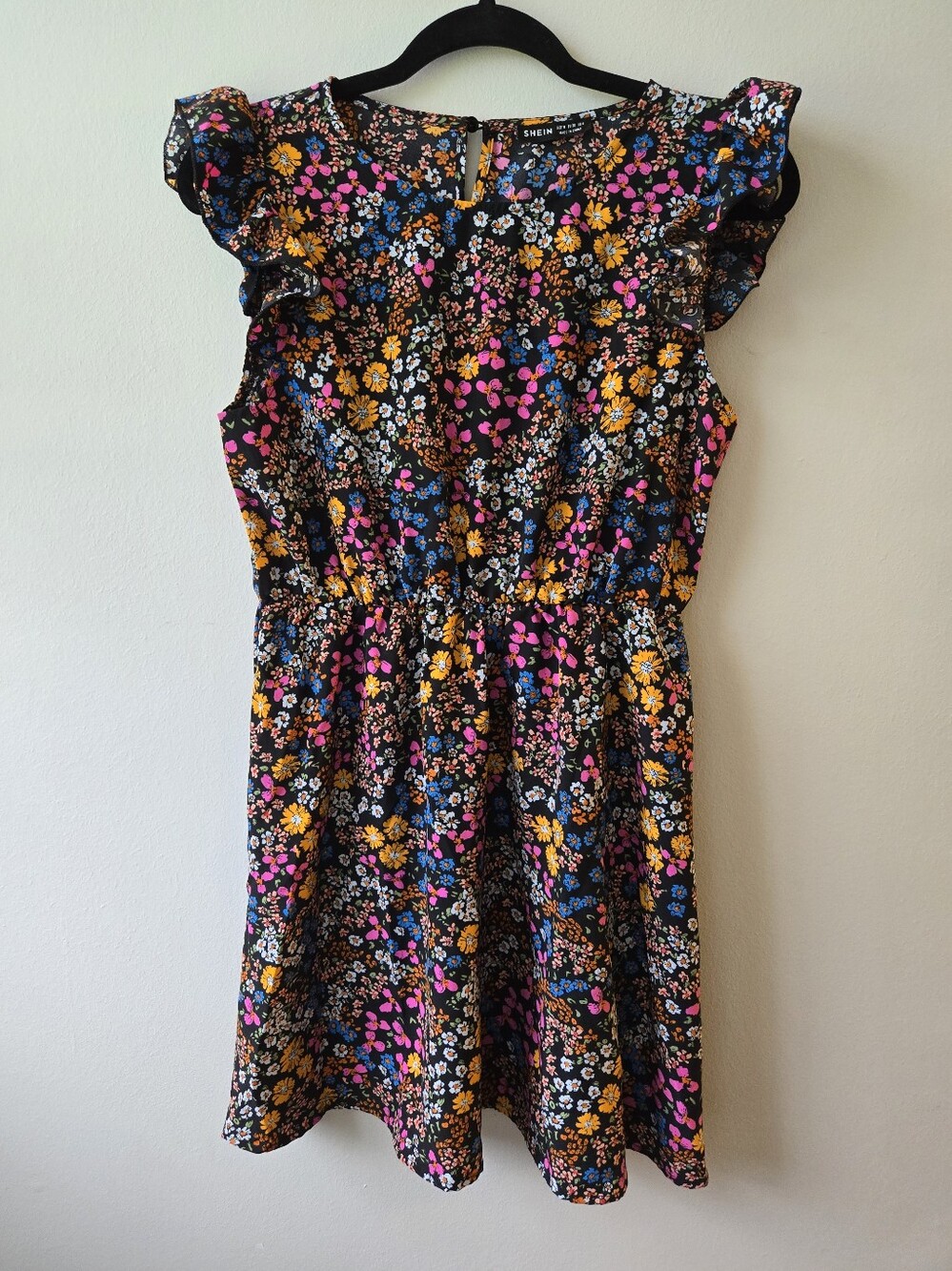SHEIN Black Floral Ruffle Sleeve Dress with Pink, Yellow, Blue